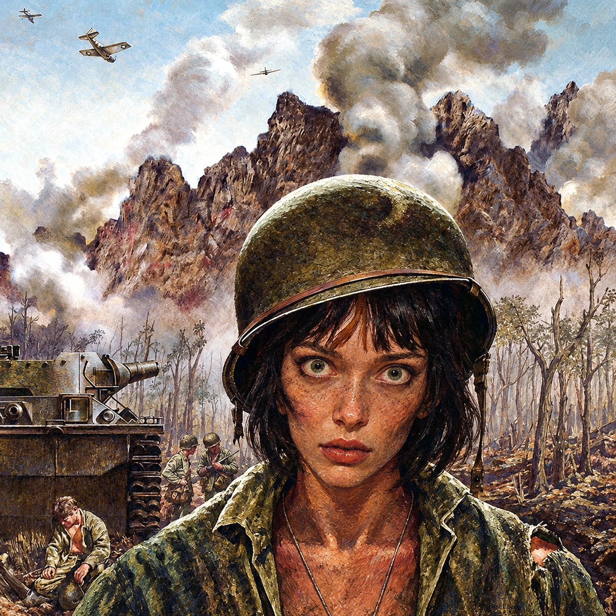 Claudia with a startled expression in a painted battlefield scene